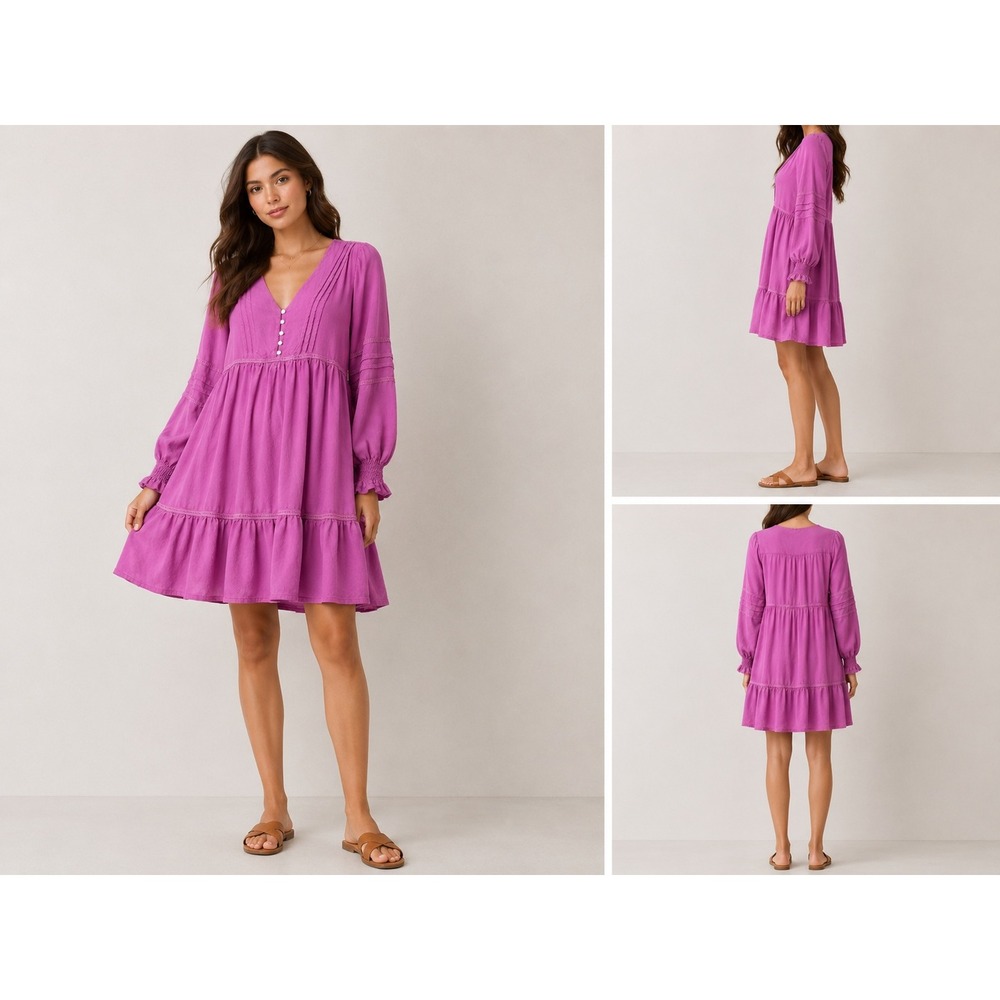 FRNCH Paris 100% Viscose Pintuck Pleat Ruffled Dress Mini M Pink Boho Smocked